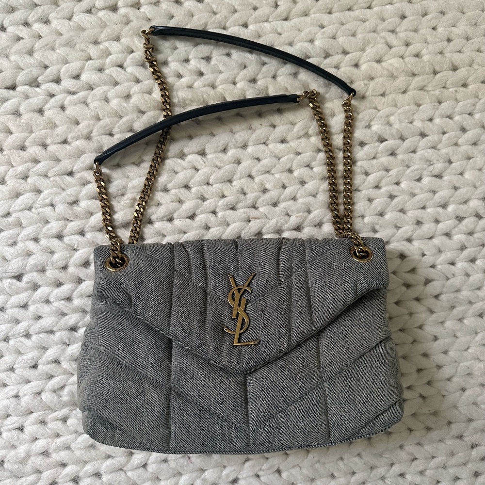 YSL PUFFER MEDIUM CHAIN BAG IN QUILTED VINTAGE DENIM AND SUEDE